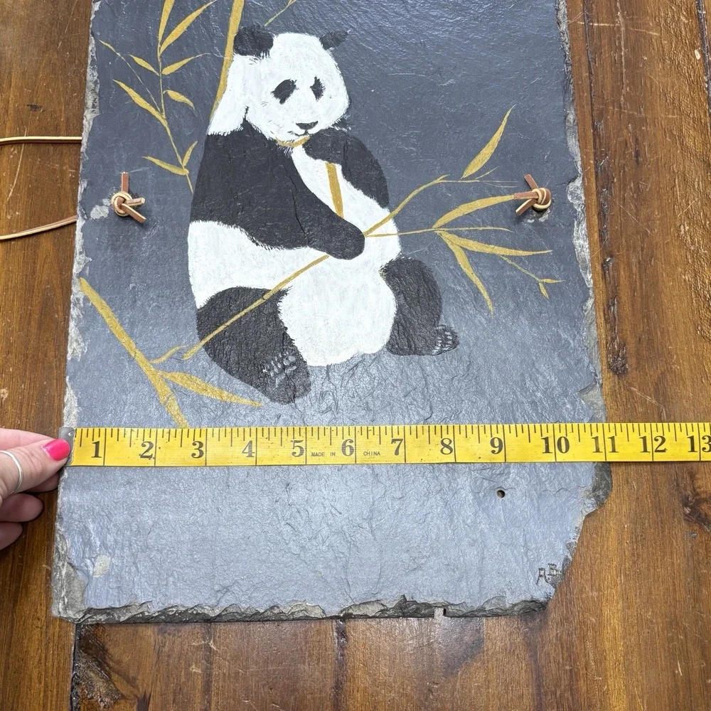 Vtg Stone Slate Hand Painted Panda Bear Bamboo Hanging Wall Decor 20